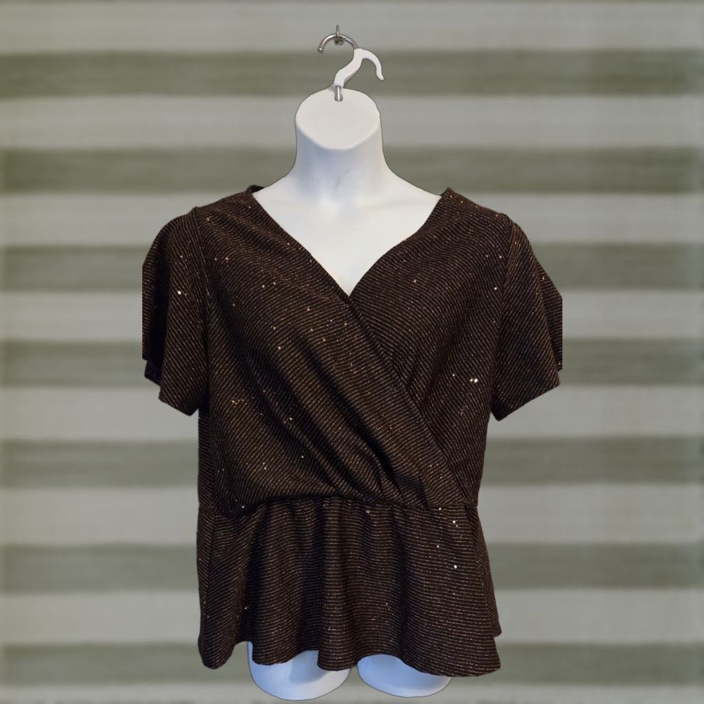 Vintage Lane Bryant Blouse Shirt Wrap Textured Stripe Black Copper Fitted Waist Plus 18 Womens Size XXL / US 16-18 / IT 52-54 - 1 Thumbnail