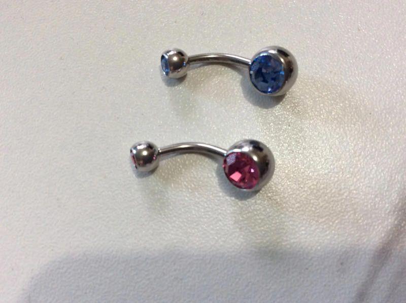 Pink Titanium belly bar with blue and pink stone - 10 mm Size ONE SIZE - 3 Thumbnail