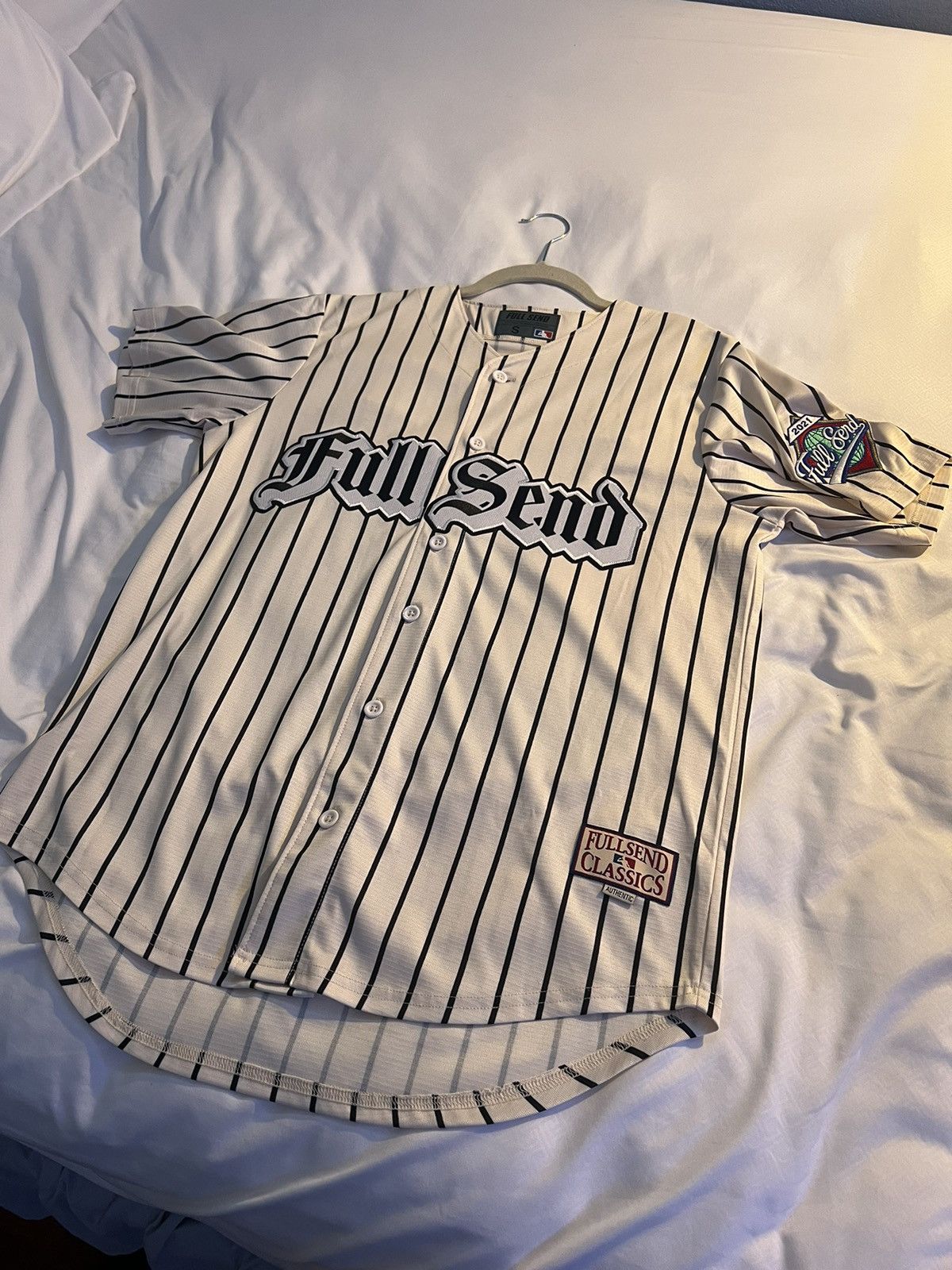 image of Full Send By Nelk Boys x Jersey Full Send Pinstripe Baseball Jersey in Black/Tan, Men's (Size Small