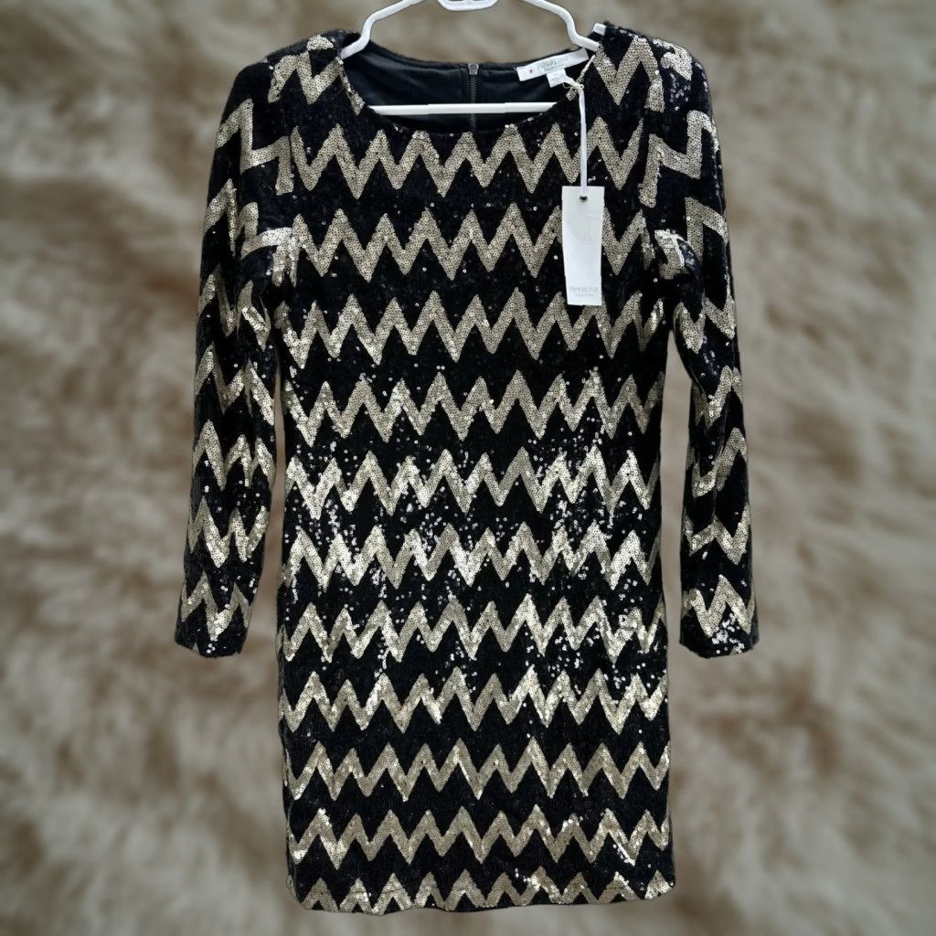 Vintage VINTAGE Piperlime Collection Gold Black Sequin Dress Long Sleeve Short Lined XS NWT Size XS / US 0-2 / IT 36-38 - 1 Thumbnail