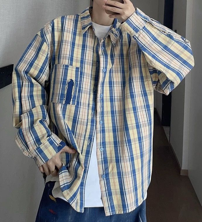 Avant garde retro distressed patchwork plaid button up shirt