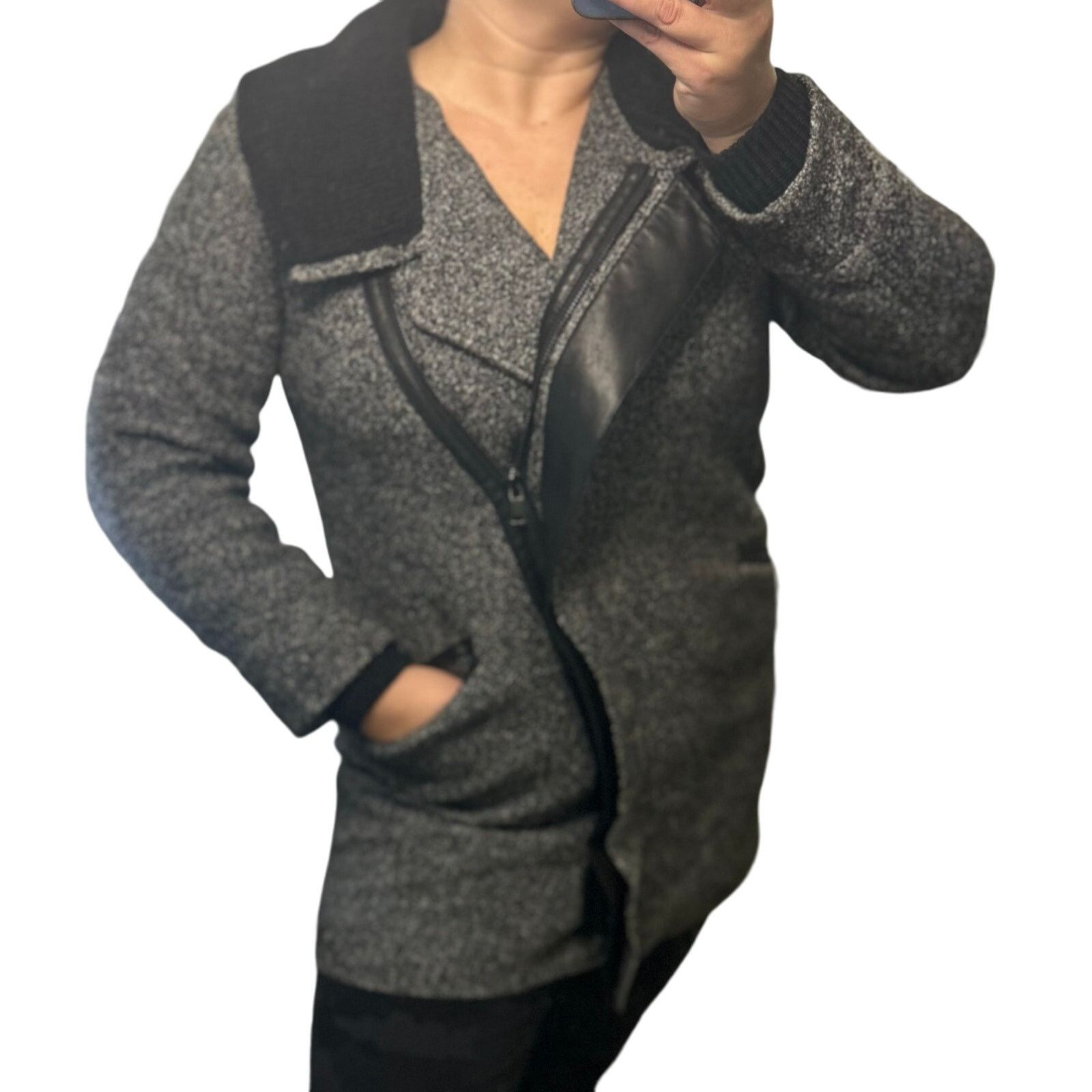 Vince Vince Wool Pea Coat Shawl Collar Gray Black Leather Small Size S / US 4 / IT 40 - 1 Thumbnail