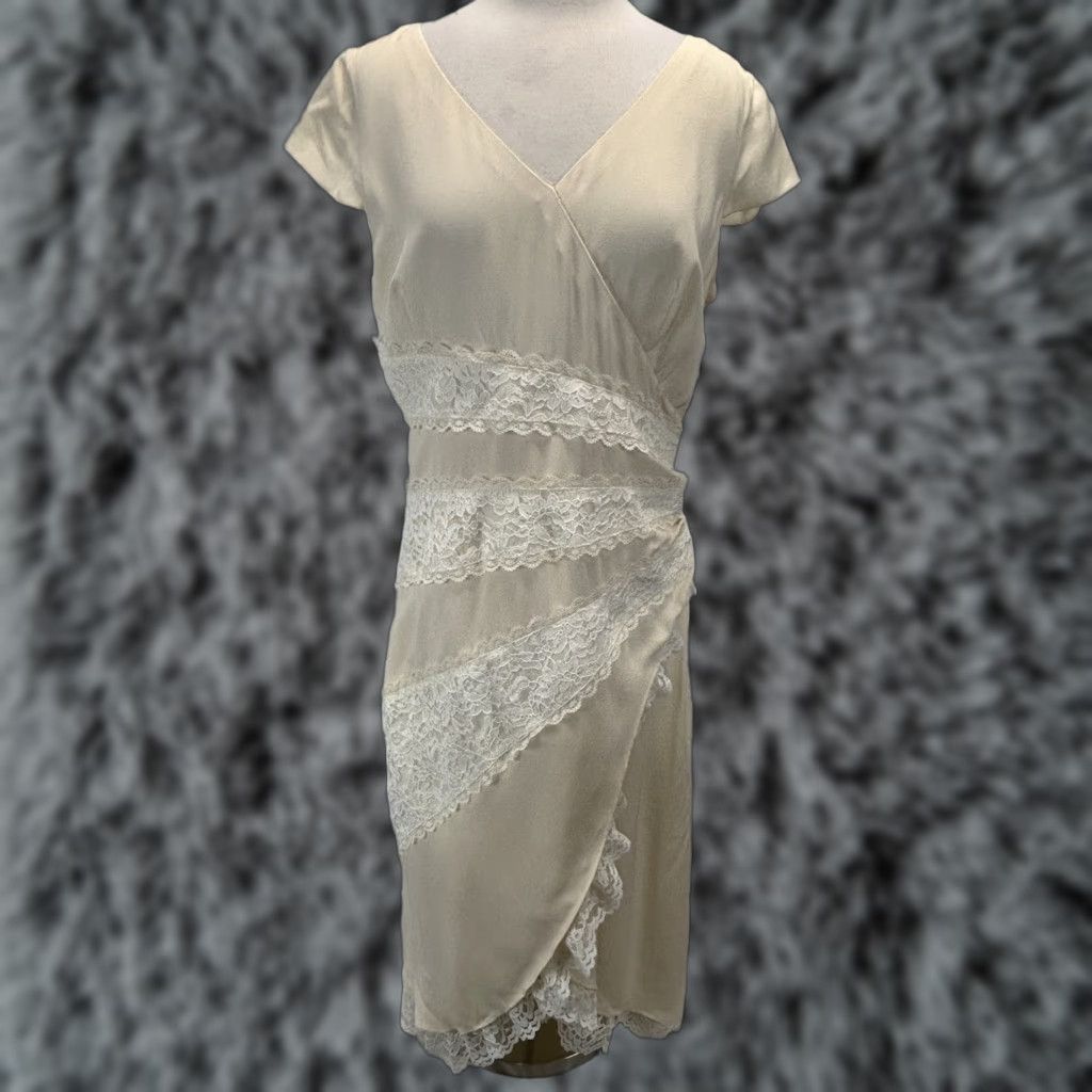 Vintage VINTAGE Due Per Due Silk Midi Dress Women Ivory Lace Lined Short Sleeve Zip 14 Sheath 90s/2000s Ladies Mens/ Womens Size XL / US 12-14 / IT 48-50 - 1 Thumbnail