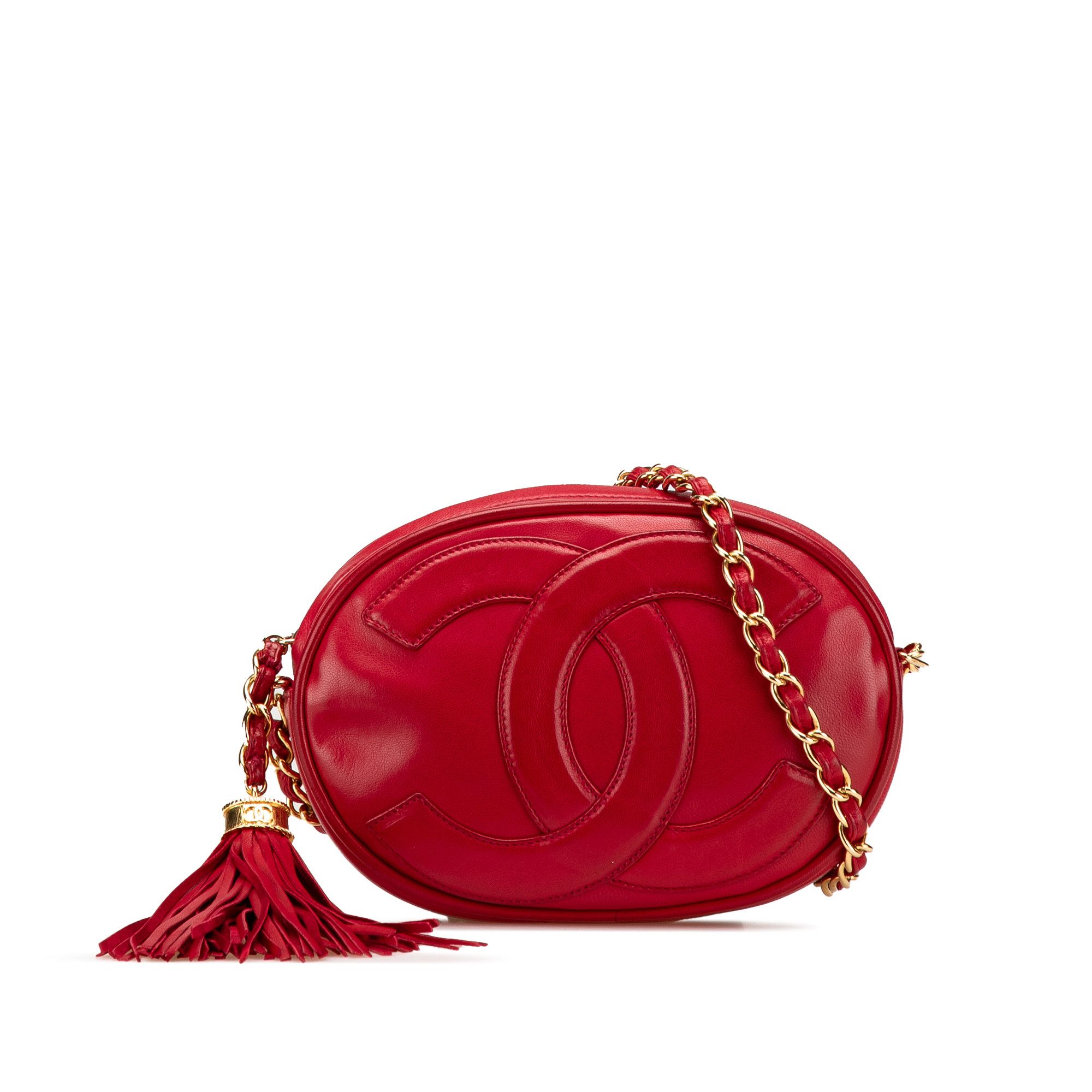 Chanel Cc Lambskin Tassel Oval Camera Bag in Red, Women's