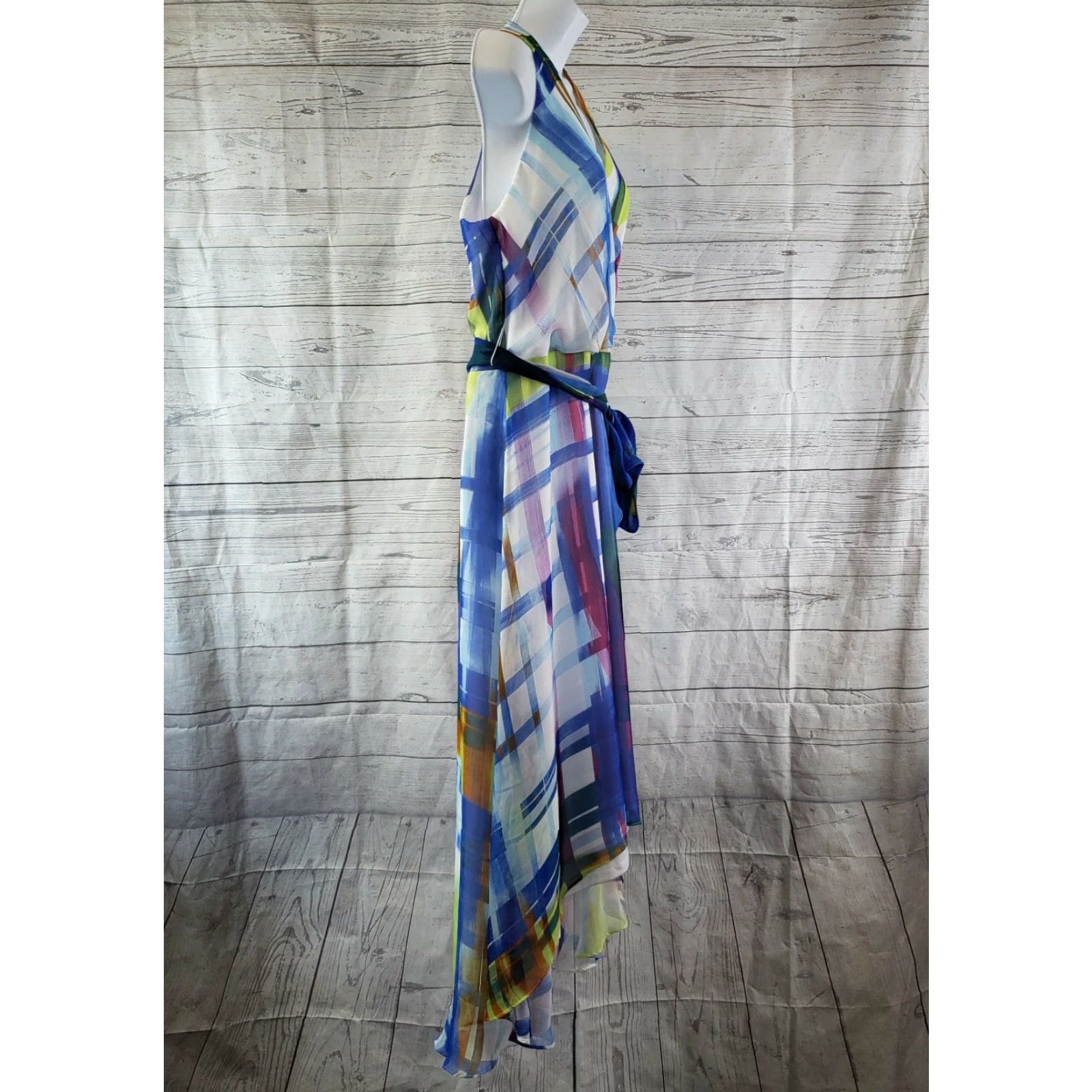 Vintage Leslie Fay Womens Hi-Low Dress Sz 12 White Blue V-Neck Belted Sleeveless Size XL / US 12-14 / IT 48-50 - 4 Thumbnail