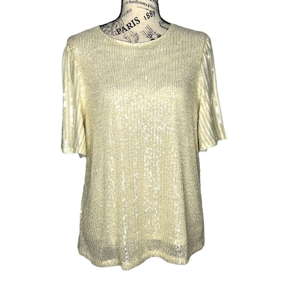 Other Whisper Cream Sequin Sparkly Flutter Sleeve Back Keyhole Top Size L / US 10 / IT 46 - 1 Thumbnail