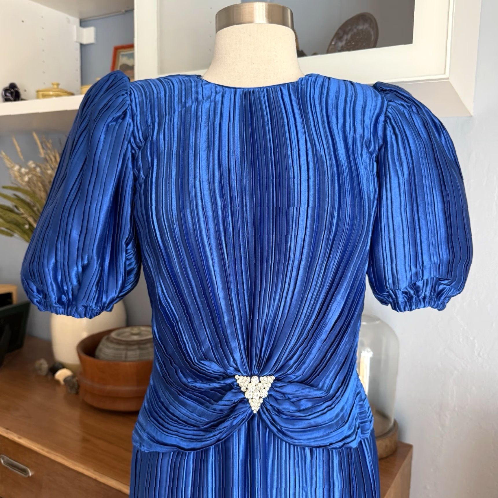 Vintage VINTAGE Nuit Pleated Cocktail Party Dress Puff Sleeves Blue Rhinestone 80s Beaded Eveningwear Size 6 Womens Size M / US 6-8 / IT 42-44 - 4 Thumbnail