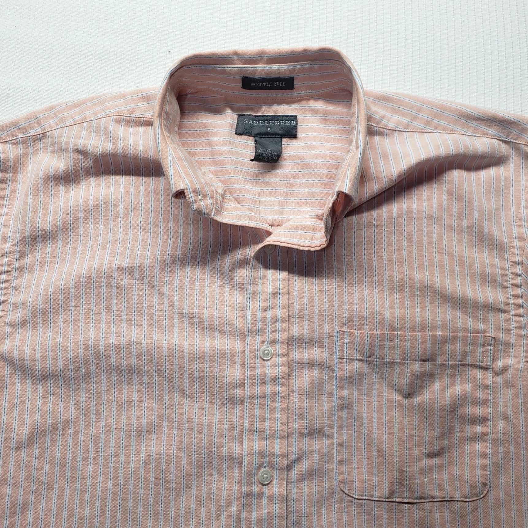 Pinko Saddlebred Shirt Adult Men's M Medium Salmon Pink Striped Short Sleeve Button Up Size US M / EU 48-50 / 2 - 2 Thumbnail