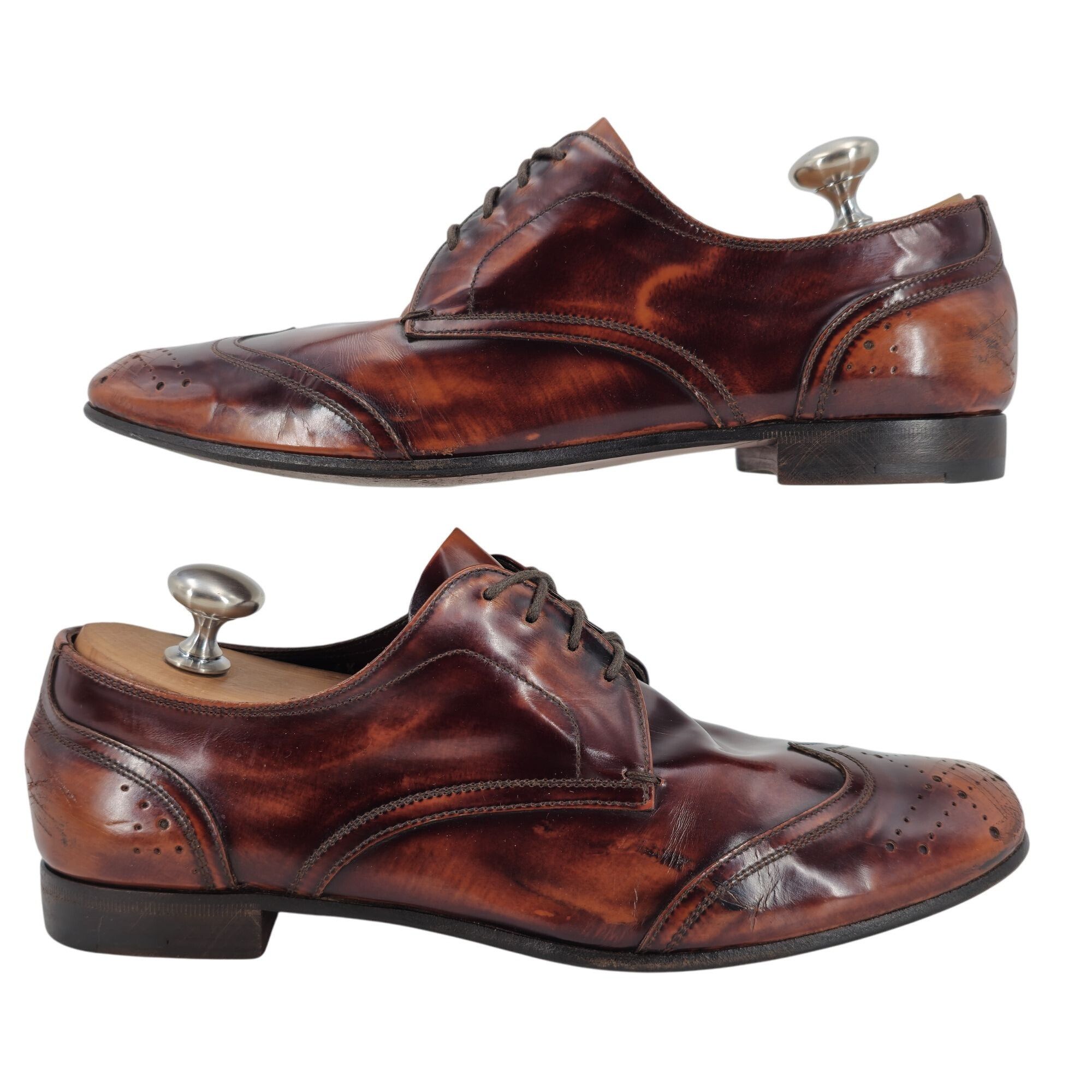 Prada Prada Italy Mens 7.5 Distressed Brown Leather Wingtip Derby Size US 7.5 / EU 40-41 - 5 Thumbnail