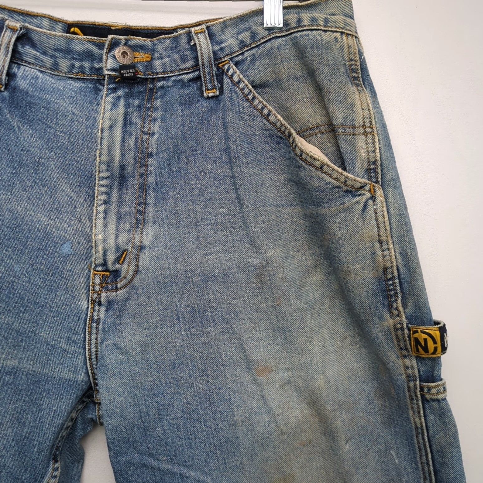 Nautica VINTAGE Nautica Jeans Mens 34x34 Denim Blue Distressed Carpenter Jeans Wide-Leg 90s Nautical Logo Mens Size US 34 / EU 50 - 4 Thumbnail