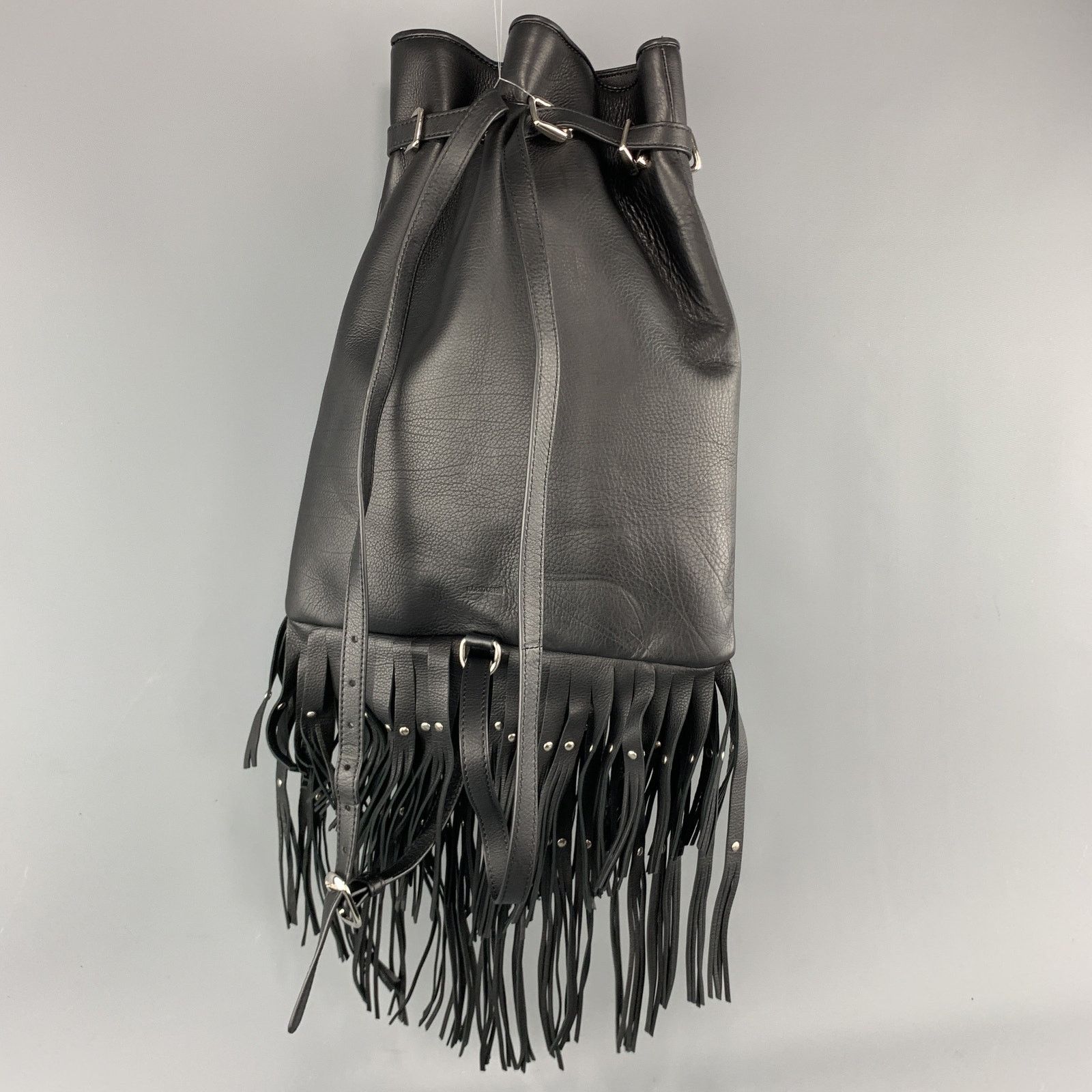 Roberto Cavalli ROBERTO CAVALLI Black Leather Studded Fring Bucket Backpack Size ONE SIZE - 4 Thumbnail