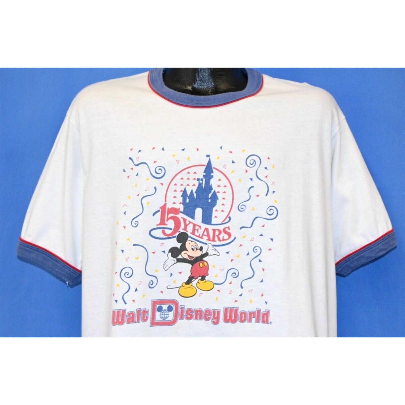 image of VTG 80's Walt Disney World 15 Year Anniversary Ringer Theme Park White T-Shirt Xl, Men's