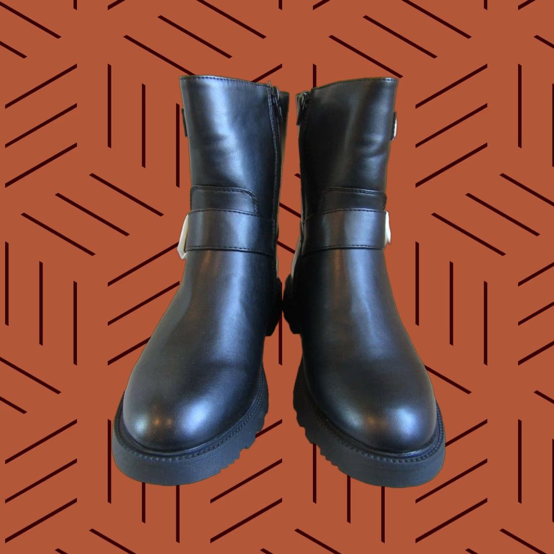 Vintage Justfab Demi Buckle Ankle Bootie Black Faux Leather Block Heel Shoes Women's 8.5 M