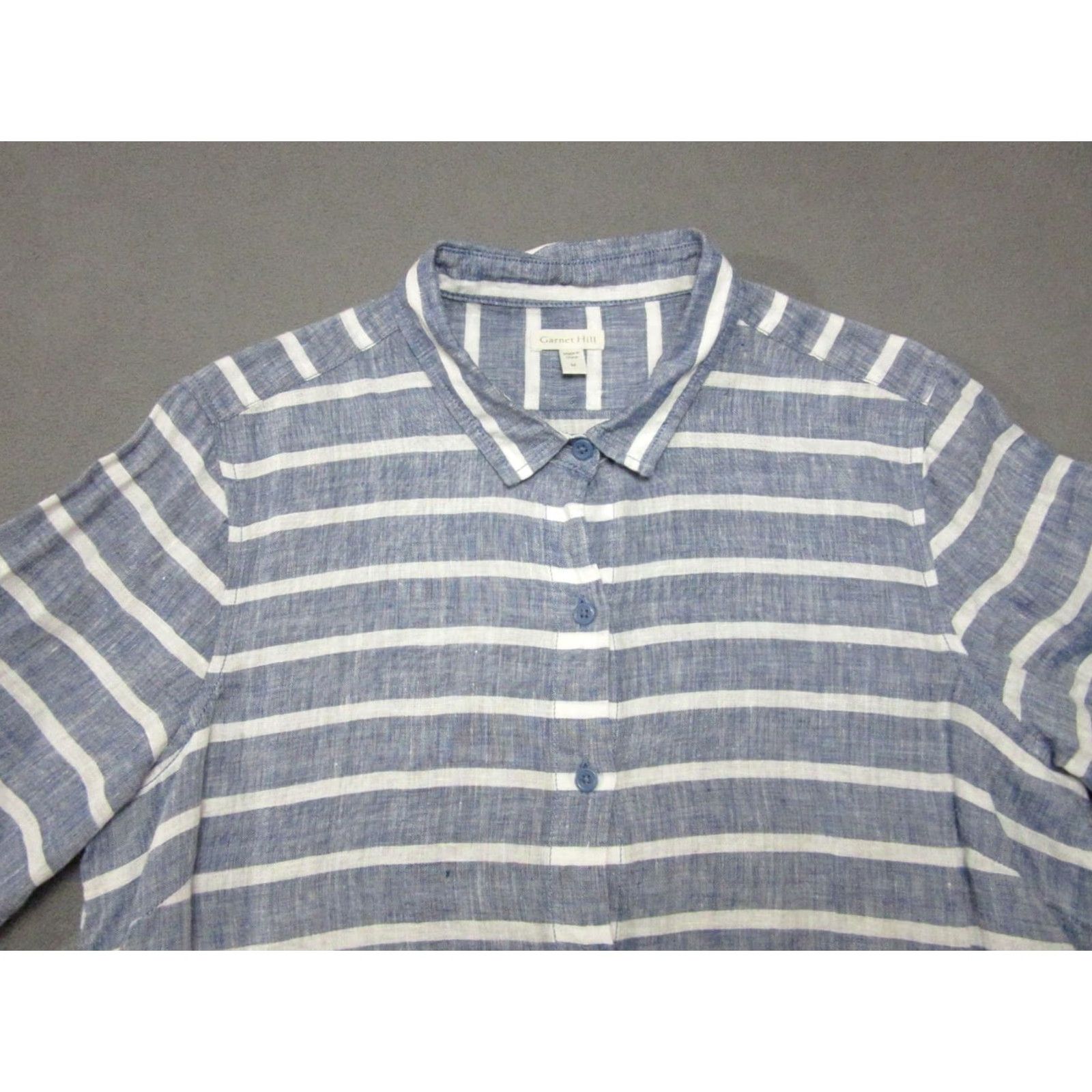 Vintage Garnet Hill Shirt Dress Womens Medium Blue White Striped Linen Button Up Collared Side Slit Casual Size M / US 6-8 / IT 42-44 - 2 Thumbnail
