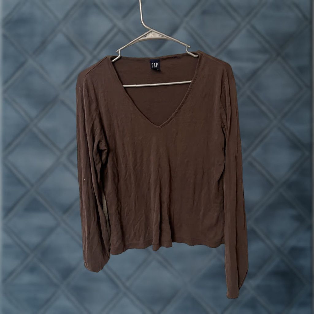 Gap Womens Gap V-Neck T-Shirt Long Sleeve Brown Solid Large Size L / US 10 / IT 46 - 1 Thumbnail