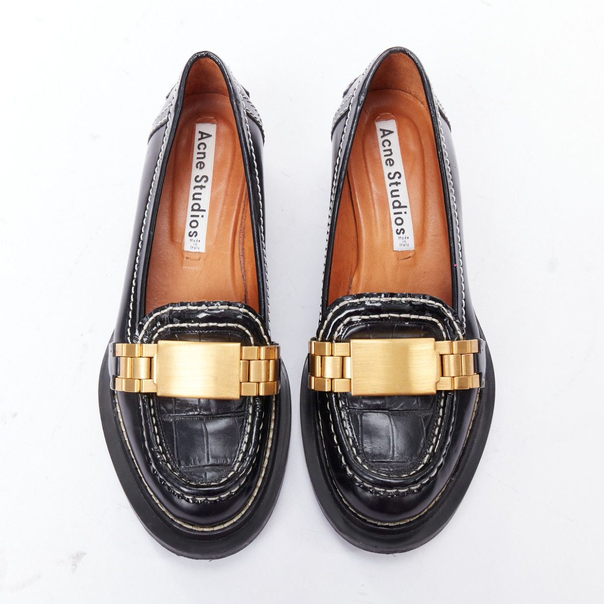 Acne Studios ACNE STUDIOS Penny Watch gold buckle black topstitch loafers EU38 Size US 8 / IT 38 - 1 Thumbnail