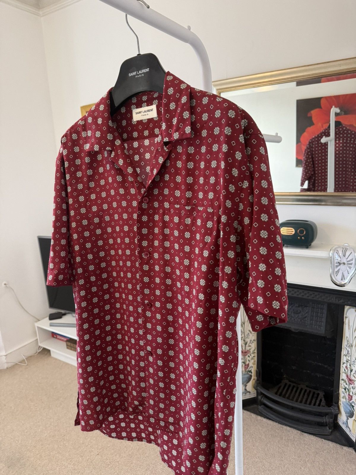 Saint Laurent Paris Saint Laurent Diamond Print Shark Collar Silk Shirt Size US M / EU 48-50 / 2 - 3 Thumbnail
