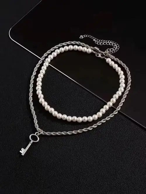 Jewelry Retro Punk Gothic Key Charm Pearl Necklace Sz1 Size 26 - 2 Thumbnail
