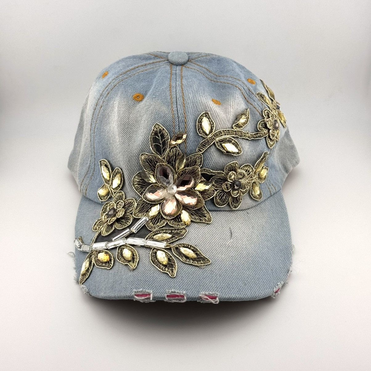 Japanese Brand Vtg Y2K Rhinestone Floral Denim Distressed Cap Size ONE SIZE - 2 Thumbnail