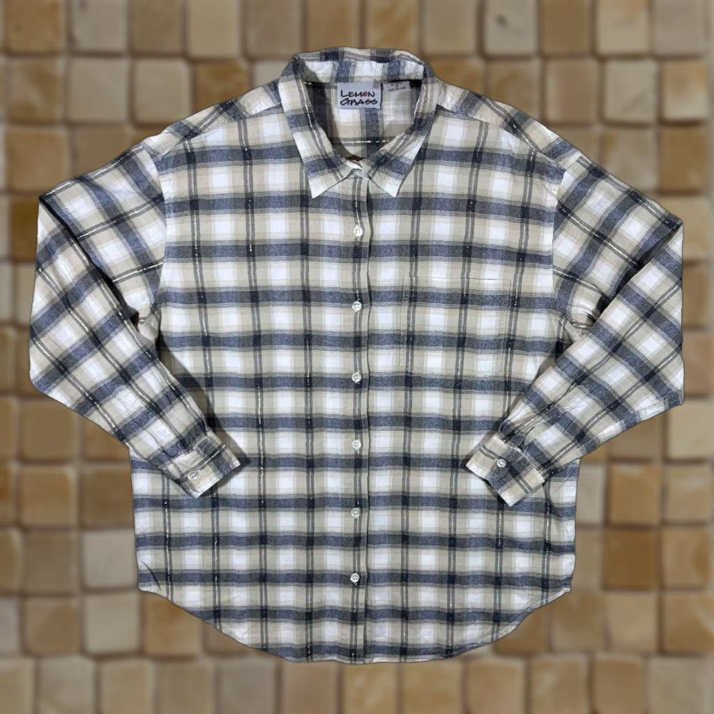 Vintage Lemon Grass Grey Beige White Plaid Check Long Sleeve Flannel Shirt Women's XXL Size XXL / US 16-18 / IT 52-54 - 1 Thumbnail