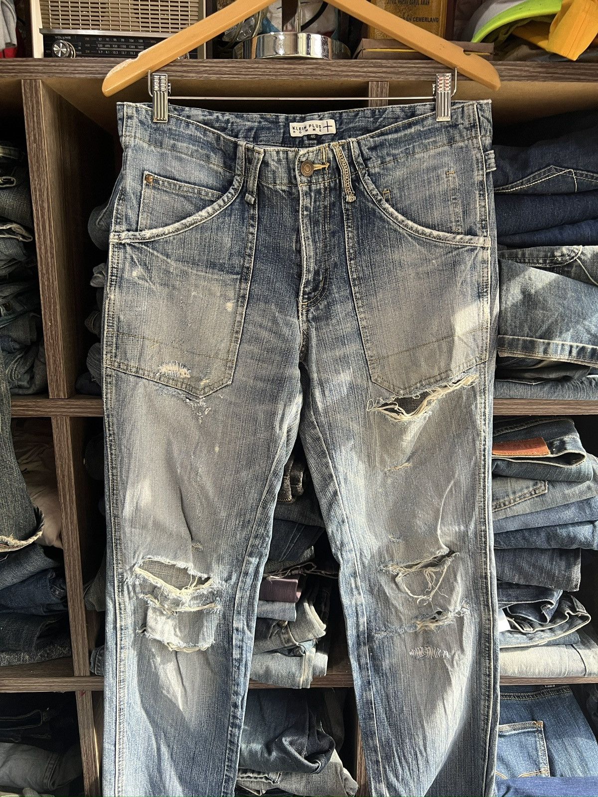 Michel Klein 🔥Klein Plus Homme Distressed Denim With Buckle Back Size US 33 - 3 Thumbnail