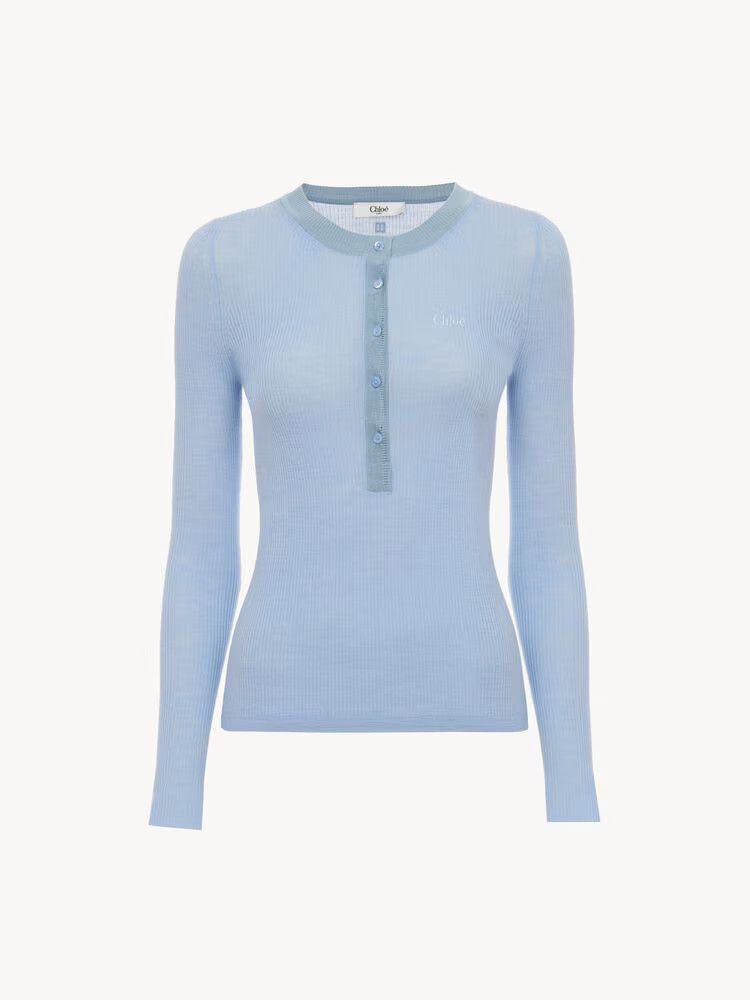 Chloe o1loc1c11125 Knitted Henley T-Shirt in Light Blue Size S / US 4 / IT 40 - 1 Thumbnail