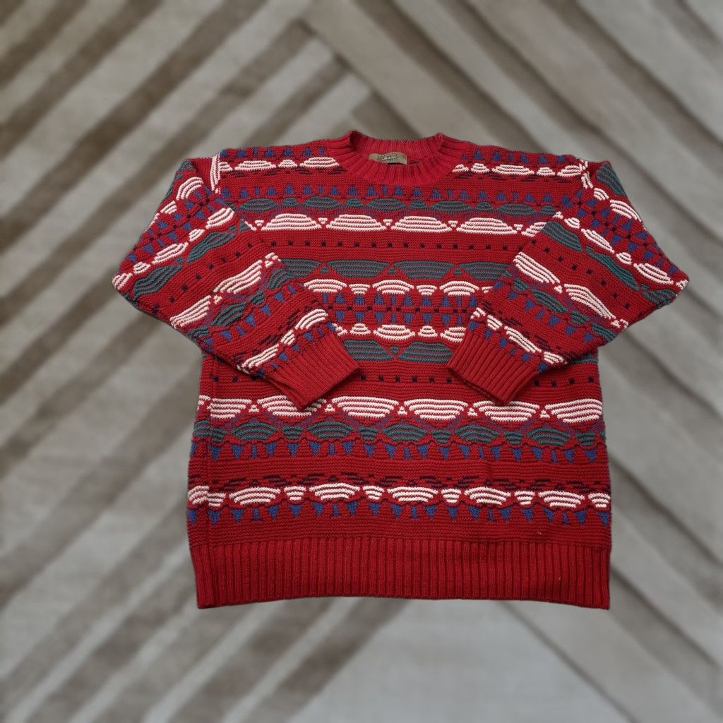 CO VINTAGE Portland Sweater Co Mens Large Sweater USA Made Textured Knit Grandpa Pullover Long Sleeve Red Geometric 90s Bohemian Classic USA Men Size US L / EU 52-54 / 3 - 1 Thumbnail