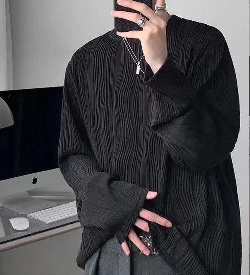 Other Black Striped Pleated Long Sleeve Pullover Size US M / EU 48-50 / 2 - 5 Thumbnail