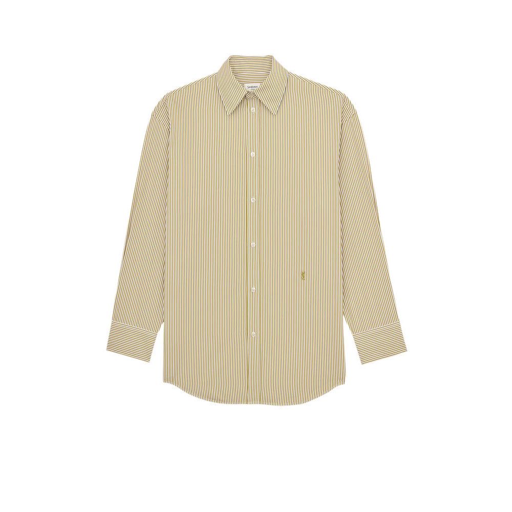 Saint Laurent Cassandre $1230 KAKI/BLANC Striped Cotton Shir