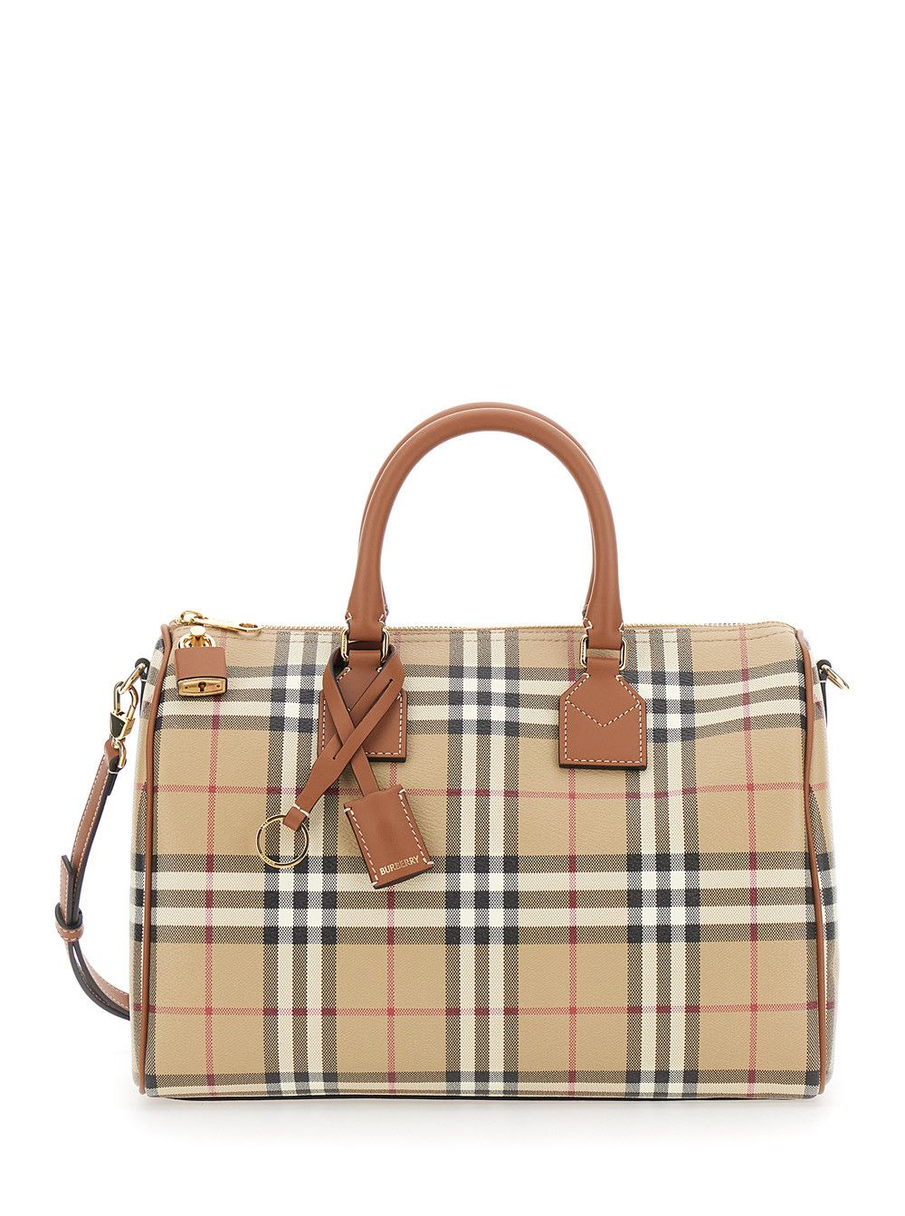Burberry Bowling Beige Handbag with All-Over Check Motif and Lock and Key Detail in Fabric for Women Size ONE SIZE - 1 Thumbnail