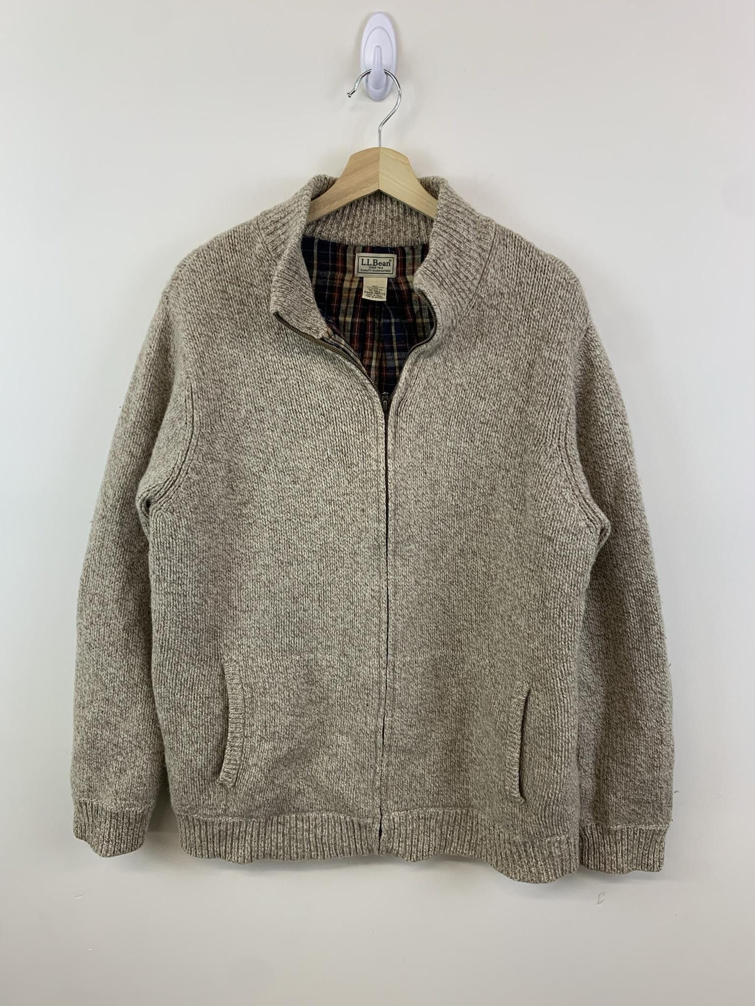 Image of Vintage 90's Ll Bean Flannel Lined Knit Zip Sweater in Tan, Men's (Size XL)