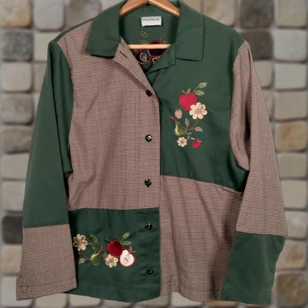 Vintage VINTAGE Bon Worth Shirt Jacket Green Plaid Patchwork Embroidered Cotton Blend Collared Long Sleeve Women's M Size M / US 6-8 / IT 42-44 - 1 Thumbnail