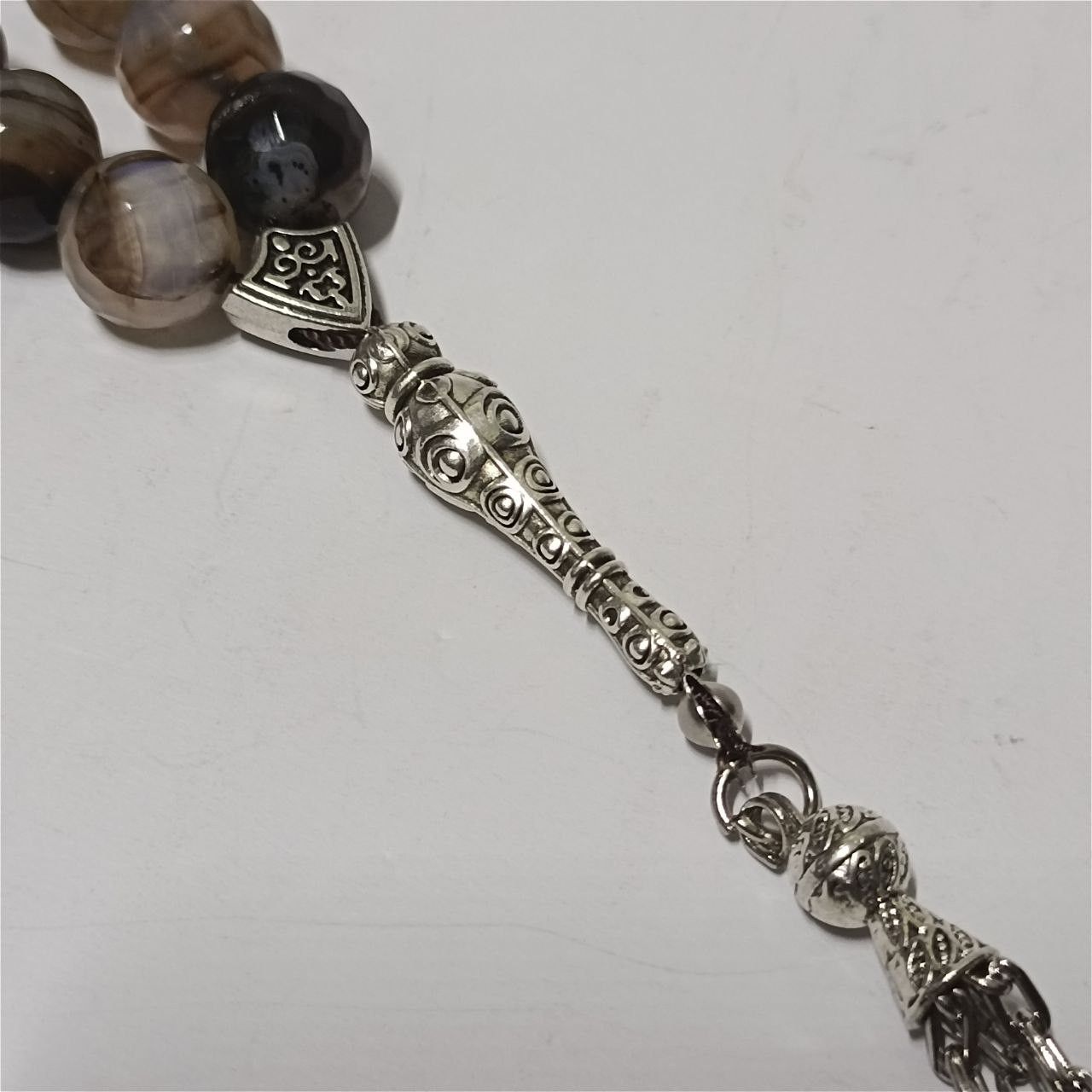 33 agate stone prayer beads silver crescent charms tassel