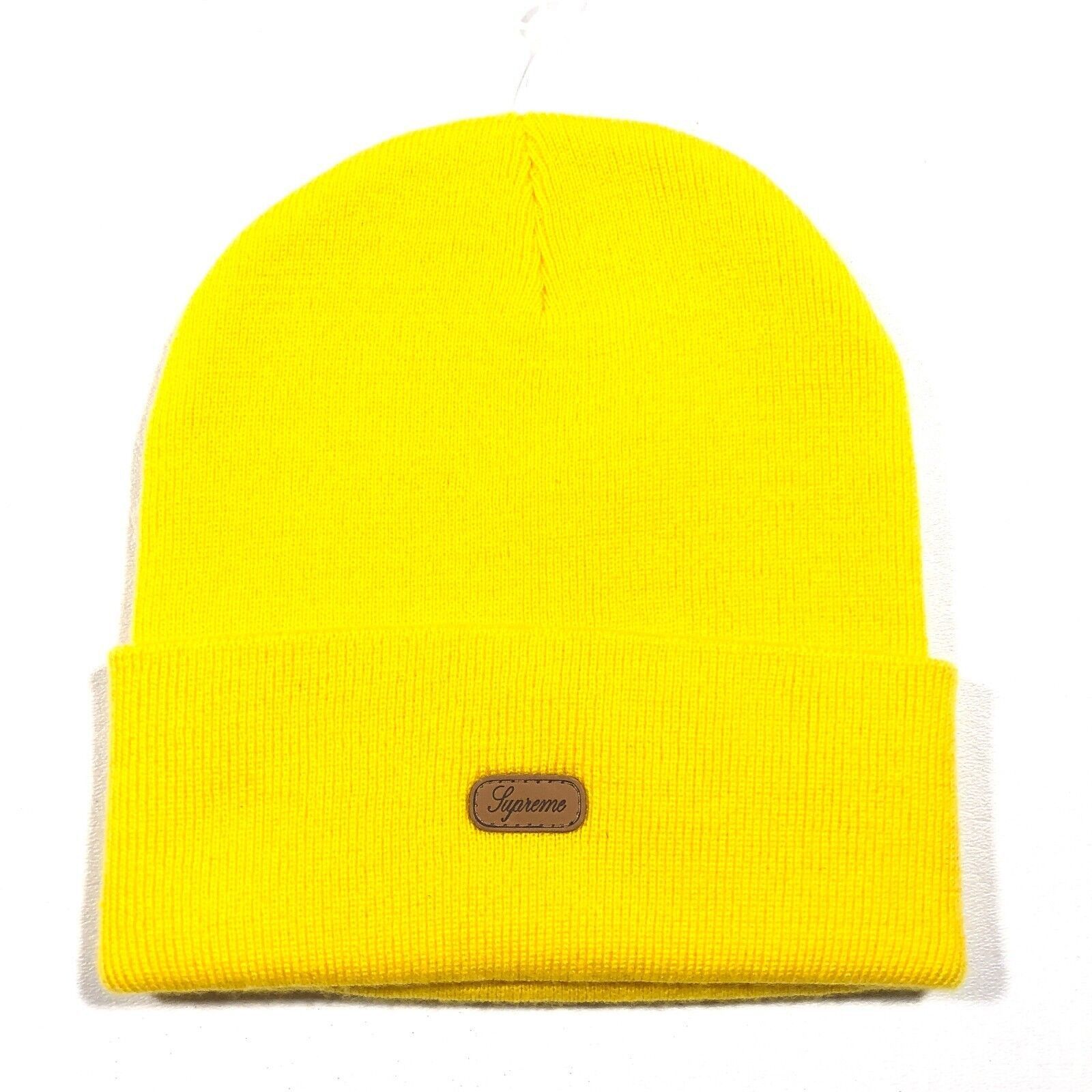 Supreme New FW14 Supreme Script Leather Patch Beanie Yellow Rare H1 Size ONE SIZE - 1 Thumbnail