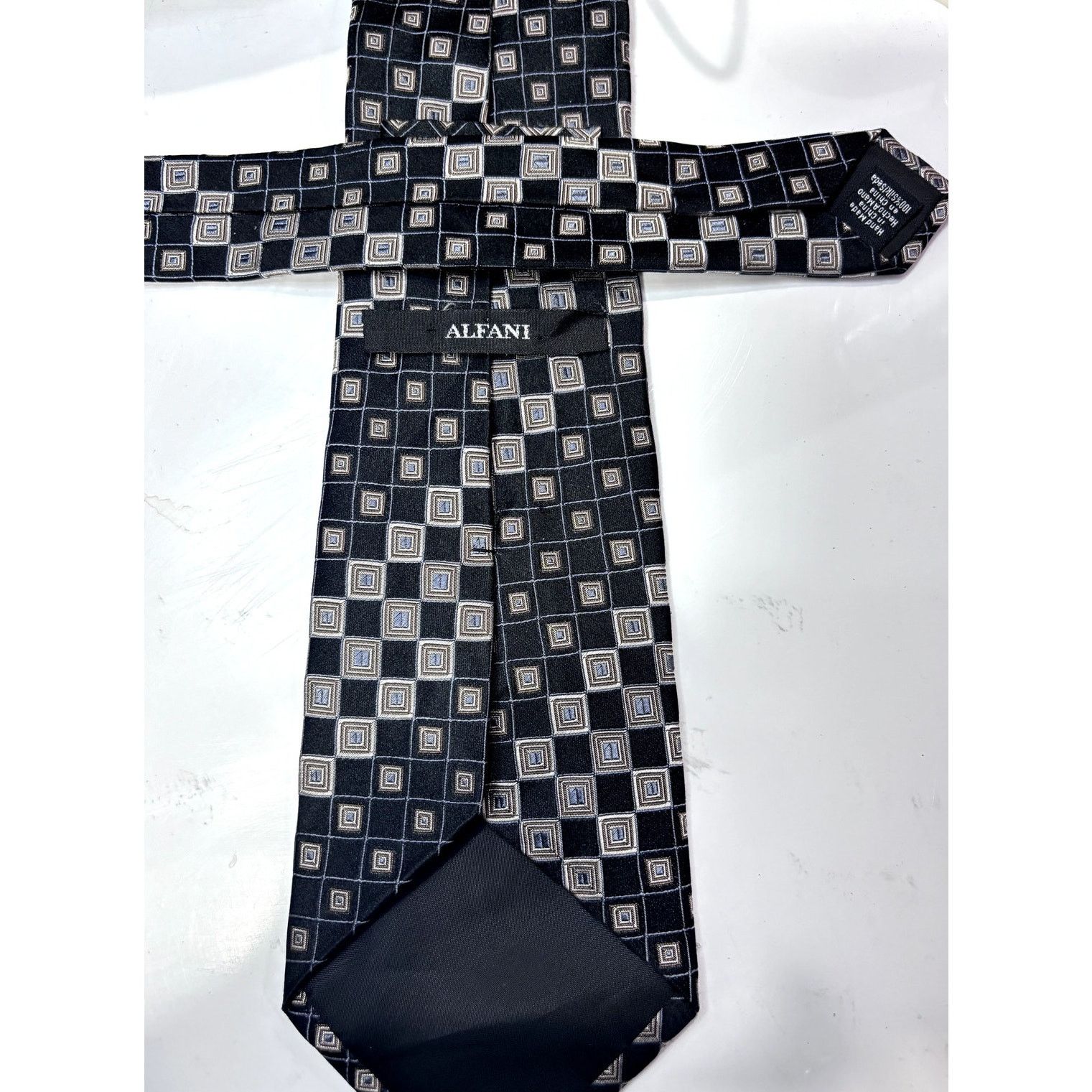 Alfani ALFANI Men's 100% Silk Black & Silver Checkard Neck Tie Size ONE SIZE - 3 Thumbnail