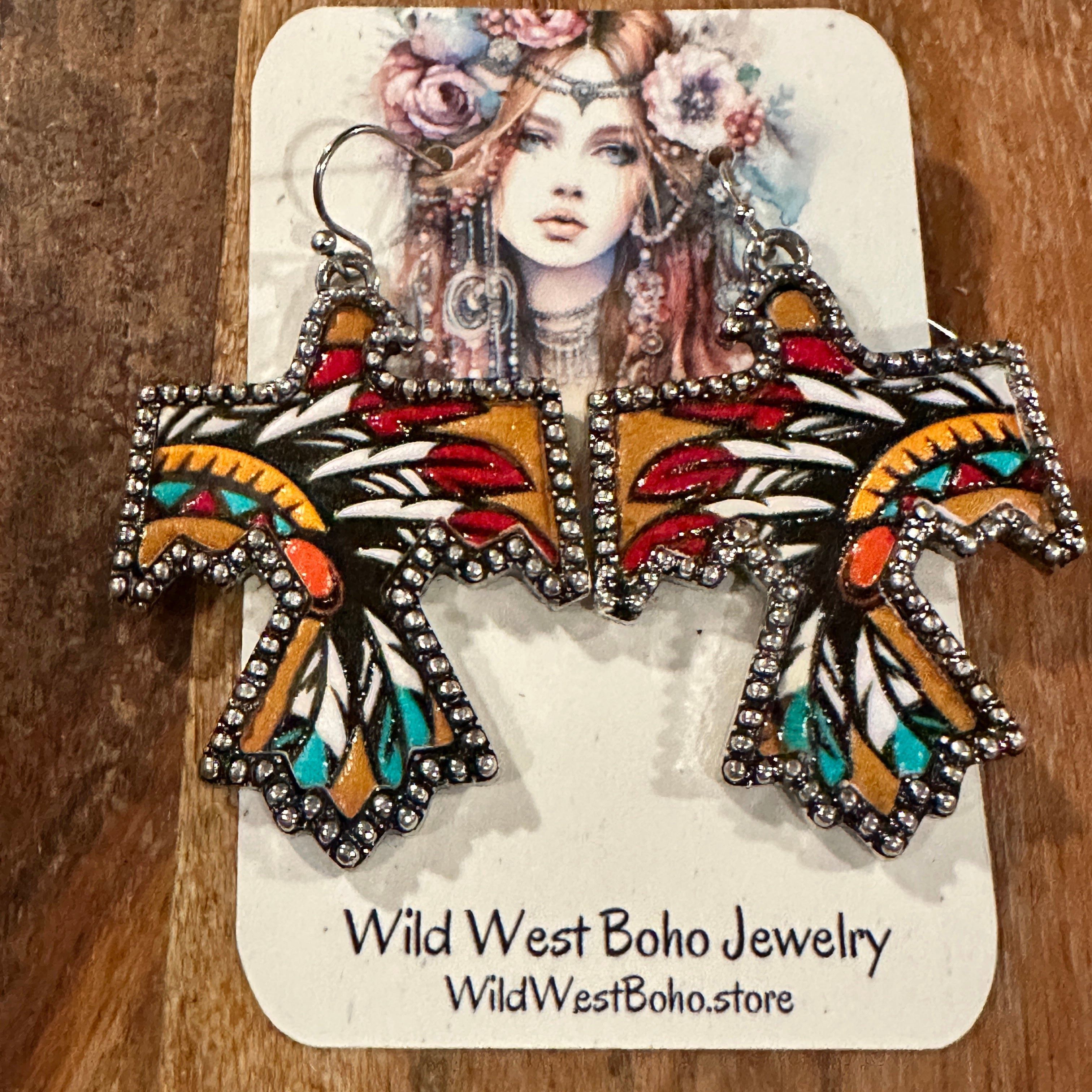 Other Boho Thunderbird Metal Earrings with Tooled Leather Chieftai Size ONE SIZE - 7 Thumbnail