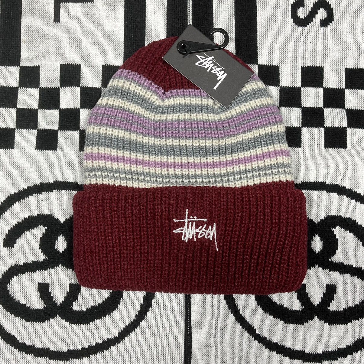 Streetwear × Stussy × Vintage STUSSY STRIPED CUFF BEANIE WINE | Grailed