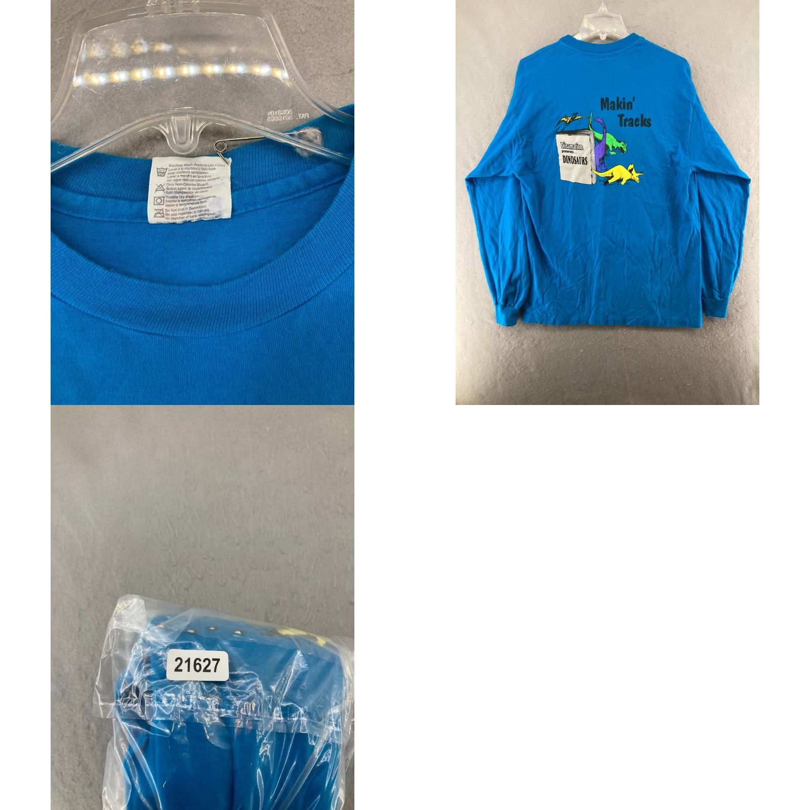 Hanes Dinamation Mens Shirt L Blue Carolina First Hanes Graphic Print 90s USA Dinosaur Crew Neck Cotton T-Shirt Size US L / EU 52-54 / 3 - 8 Thumbnail
