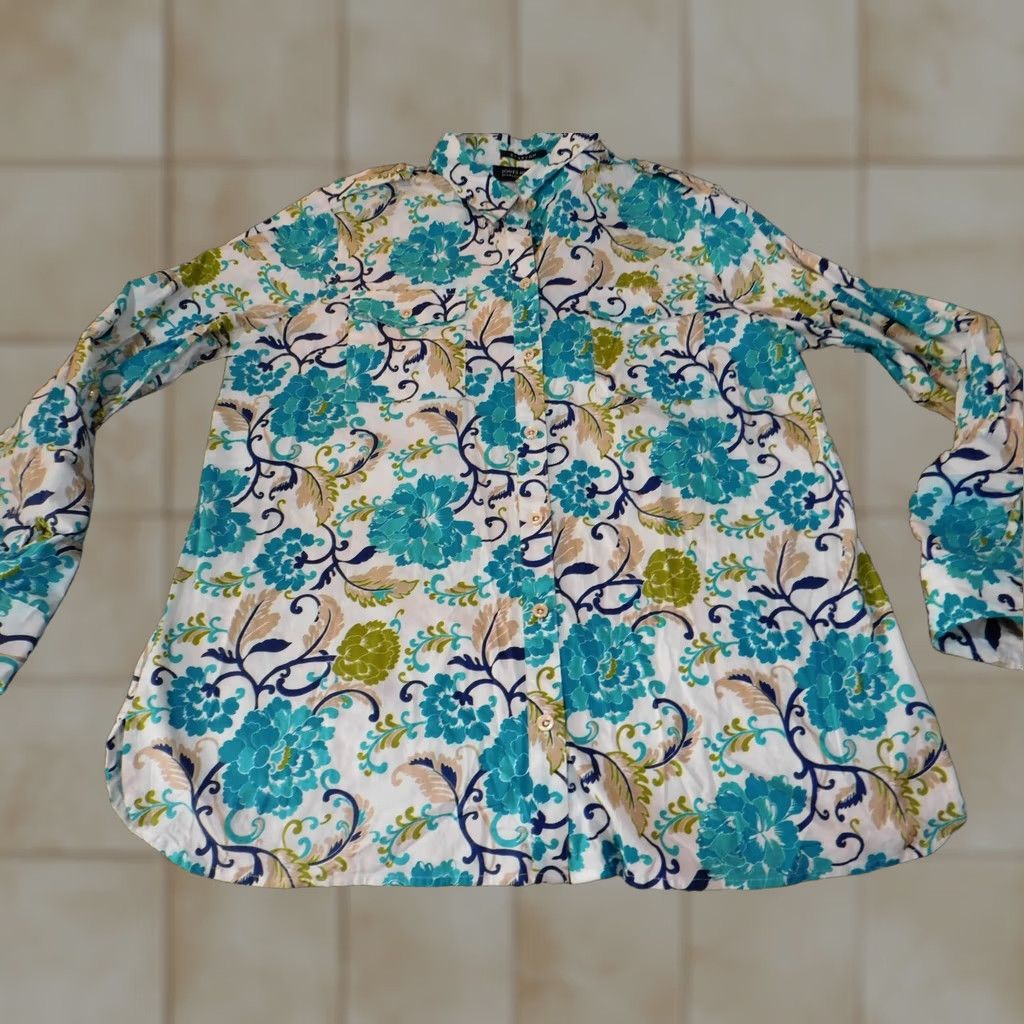 Jones New York Jones New York Button-Up Shirt Women L Blue Floral Stretch Casual Size L / US 10 / IT 46 - 1 Thumbnail