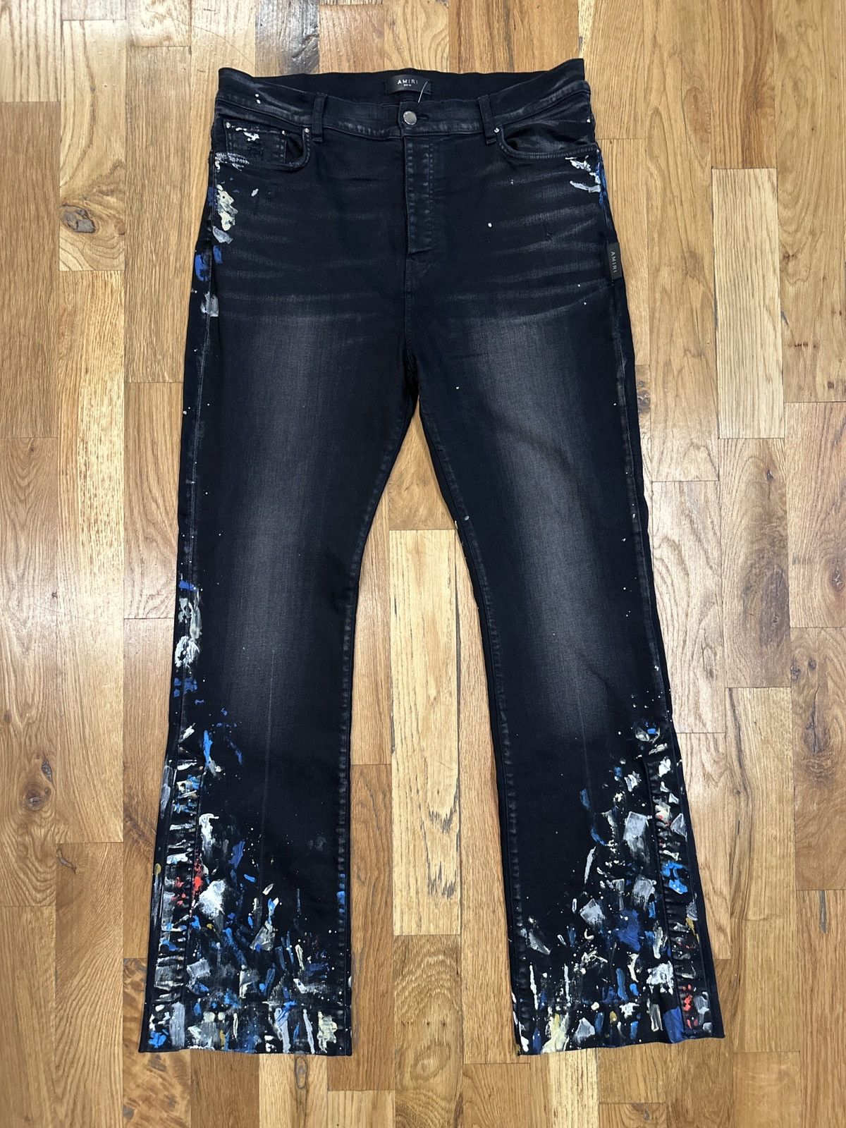 image of Amiri Paint Splatter Black Denim Flare Jeans Size 36, Men's