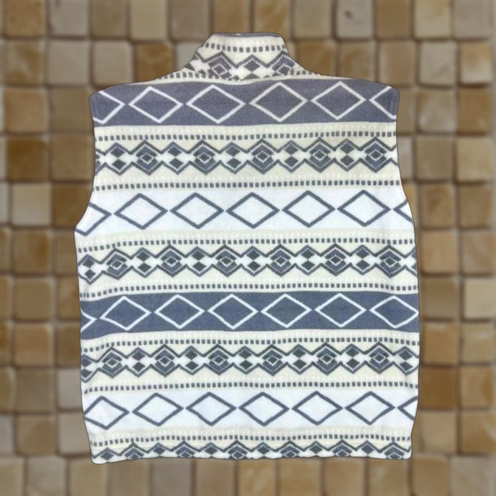 Vintage VINTAGE Crazy Abstract Patterned Zip Fleece Gilet Men L Light general wear Grey/Cream/White Pocketed 24" Pit to Pit 30" Length Mens Size US L / EU 52-54 / 3 - 1 Thumbnail