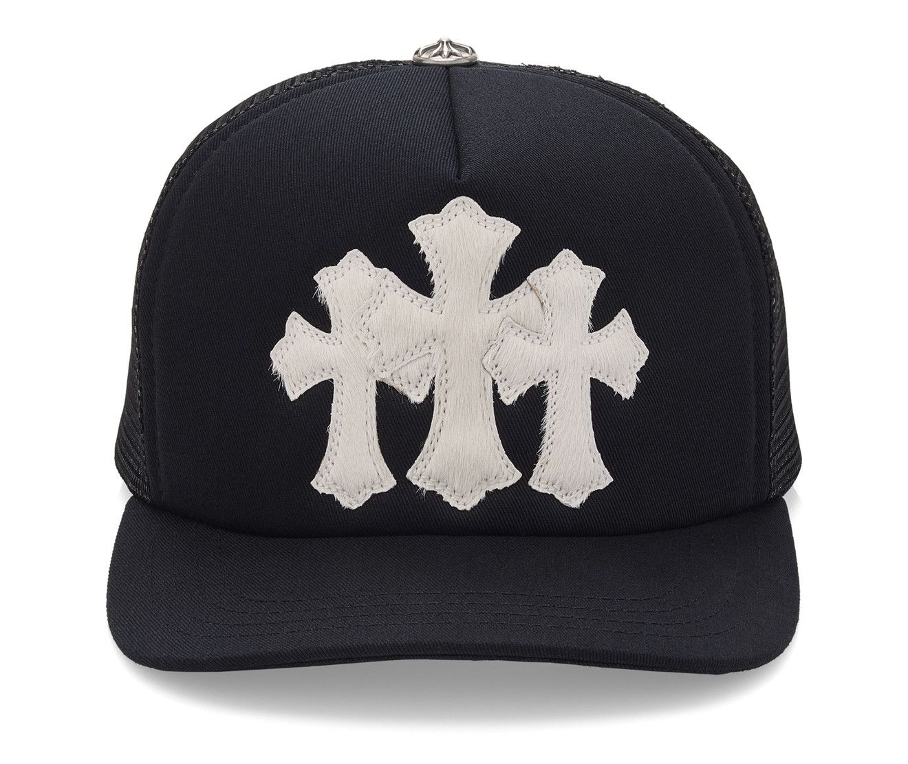 Cemetery Pony Hair Cross Patch Trucker Hat Black White