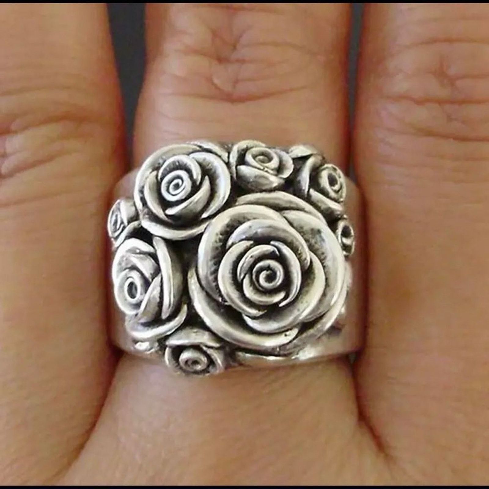 Other Silver Roses Flower Vintage Ring size 6, 8 Size ONE SIZE - 1 Thumbnail