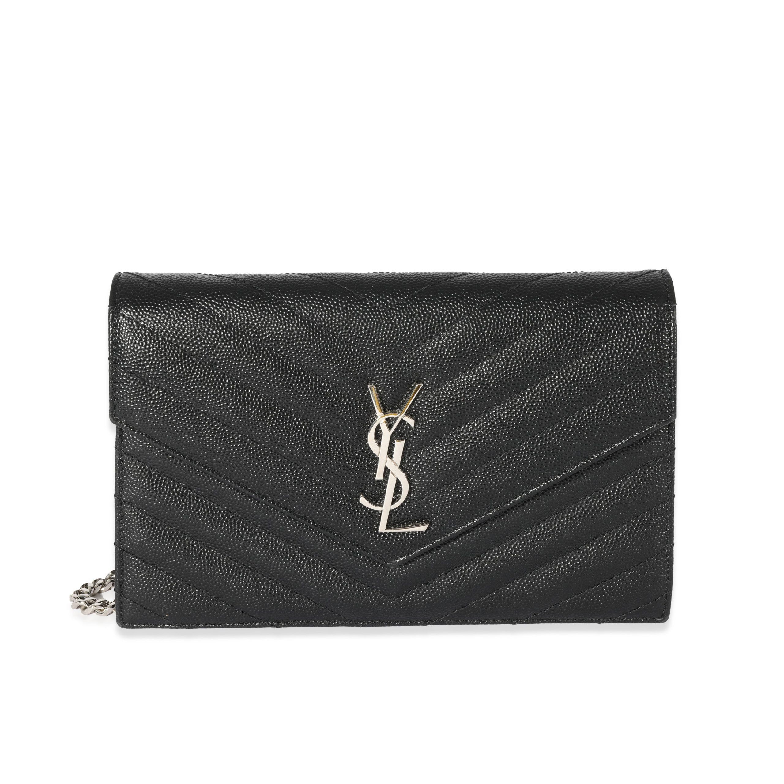 image of YVES Saint Laurent Black Grain De Poudre Envelope Chain Wallet, Women's