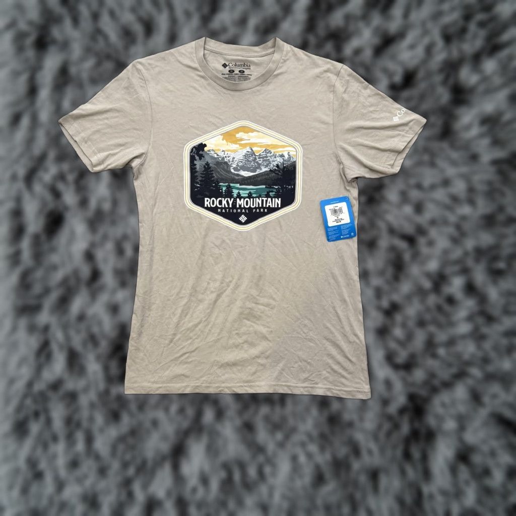 Vintage Columbia Shirt Mens Medium Graphic Print Tee Beige Rocky Mountain National Park Outdoor NWT Size US M / EU 48-50 / 2 - 1 Thumbnail