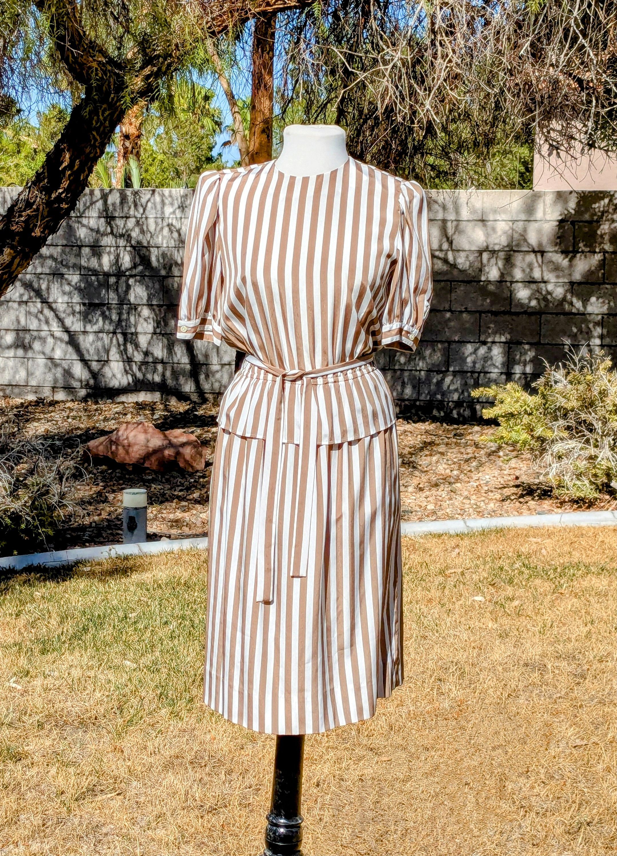 Vintage Compositions Brown Striped S/S Flowy Belt Fit & Flare Dress Size M / US 6-8 / IT 42-44 - 1 Thumbnail