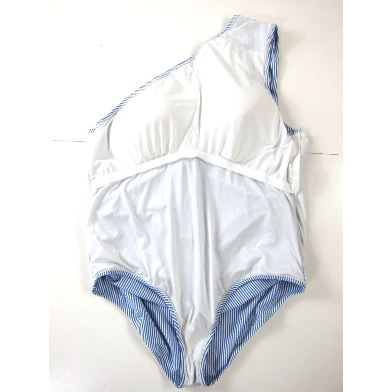 J.Crew VINTAGE J.CREW One Shoulder Built In Bra One Piece Swimsuit Women 20 Stripe Blue White 90s Womens Size ONE SIZE - 7 Thumbnail