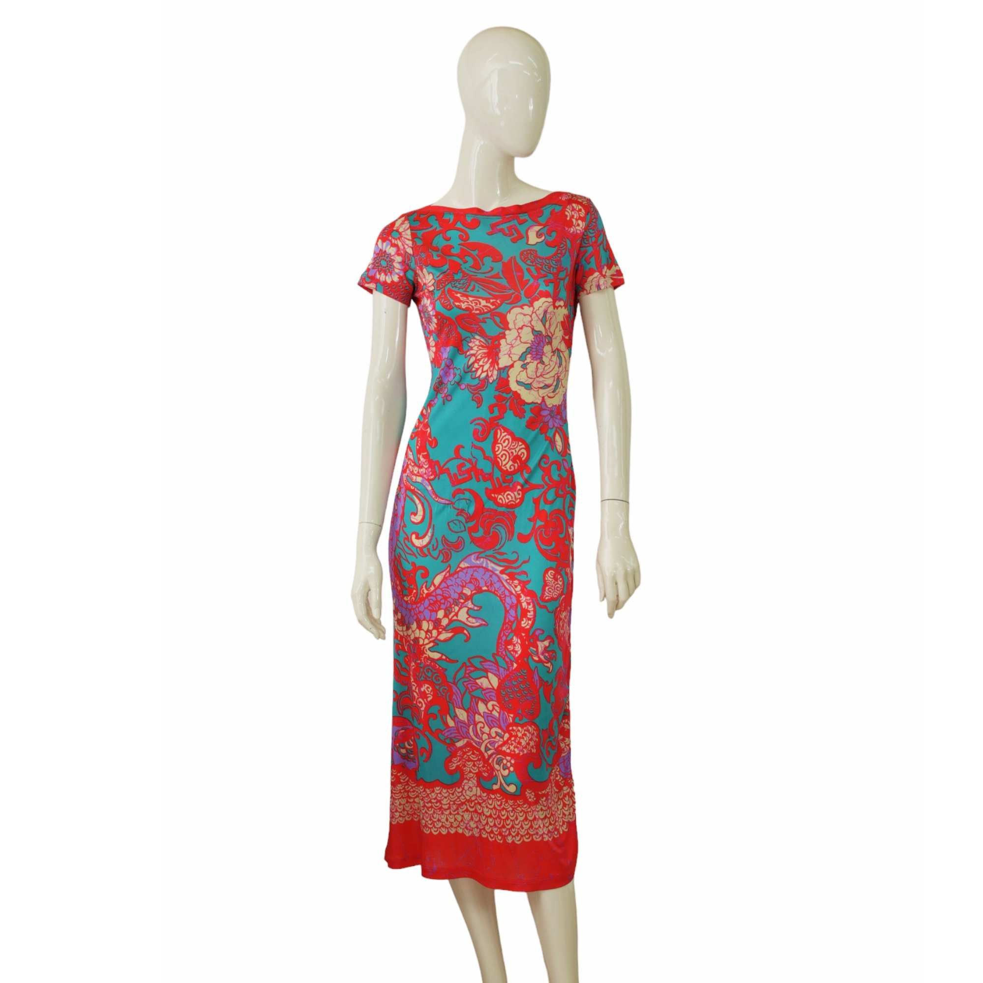 image of Fuzzi Blue Red Floral Midi Viscose Calf Dress Size S, Women's