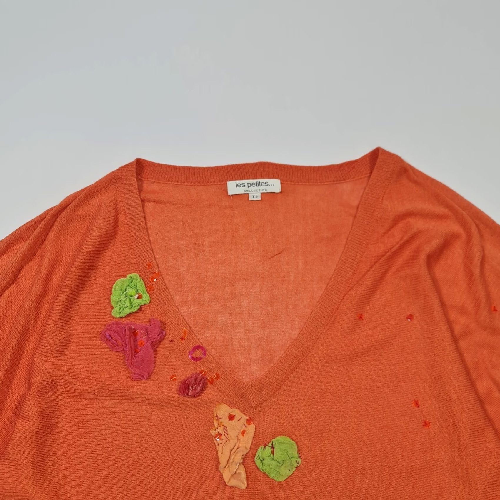 Vintage Les Petites Jumper Orange 10 UK V-Neck 3/4 Sleeve Silk Cotton Knit Pullover Top Womens Size L / US 10 / IT 46 - 2 Thumbnail