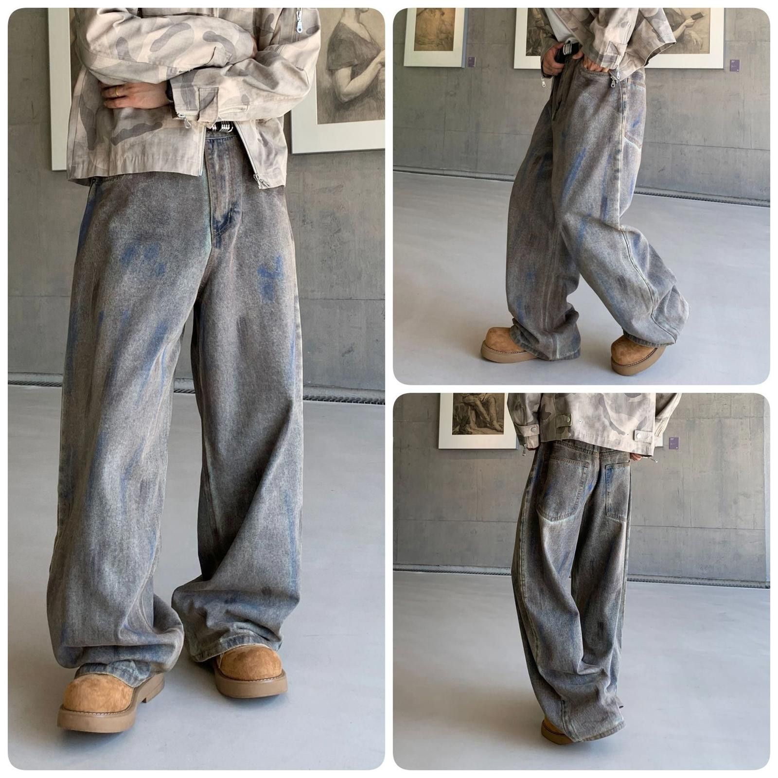Gray Wide Leg Denim Jeans, Baggy Casual Jeans
